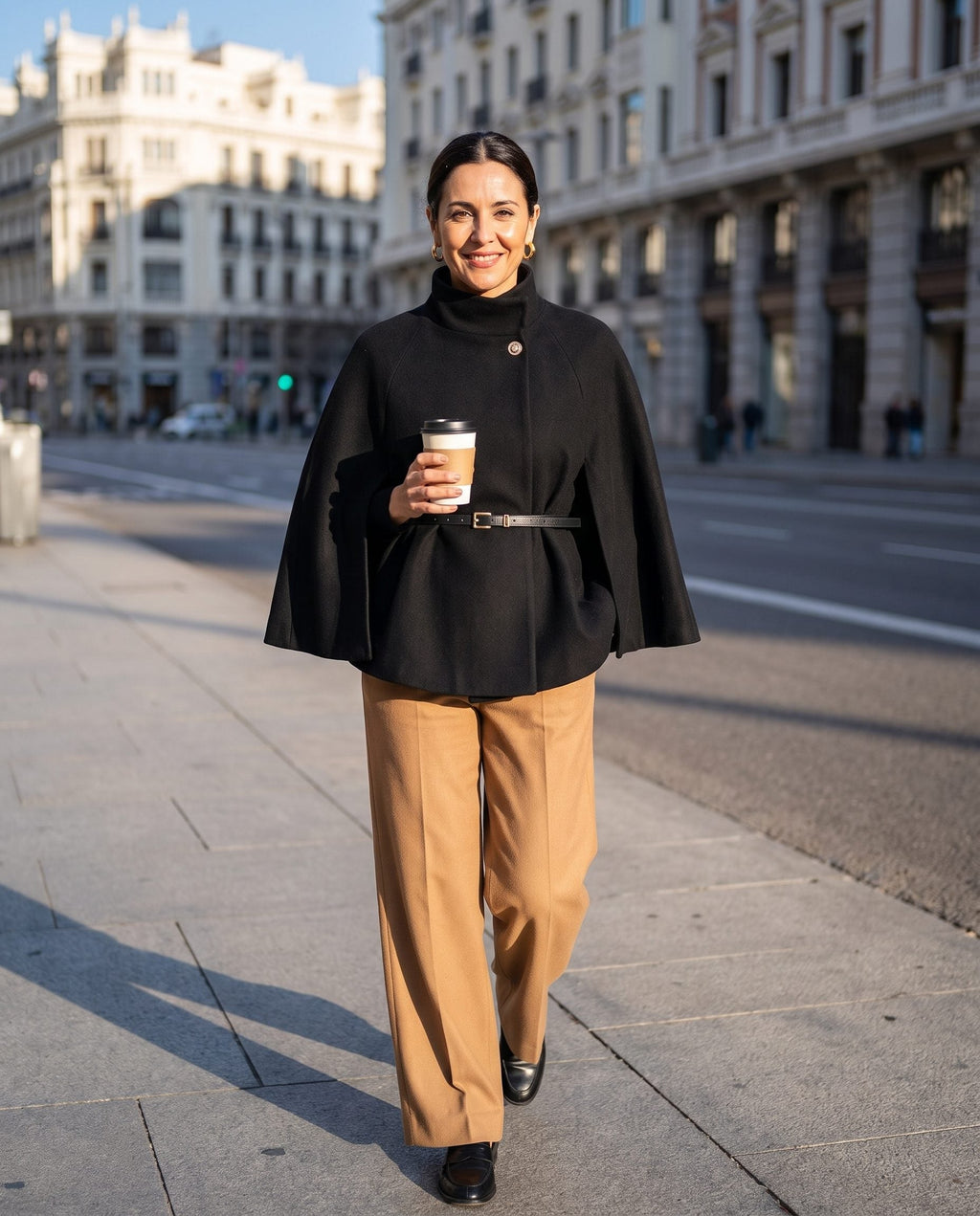 ELARA belted cape in black with camel trousers on a Madrid street