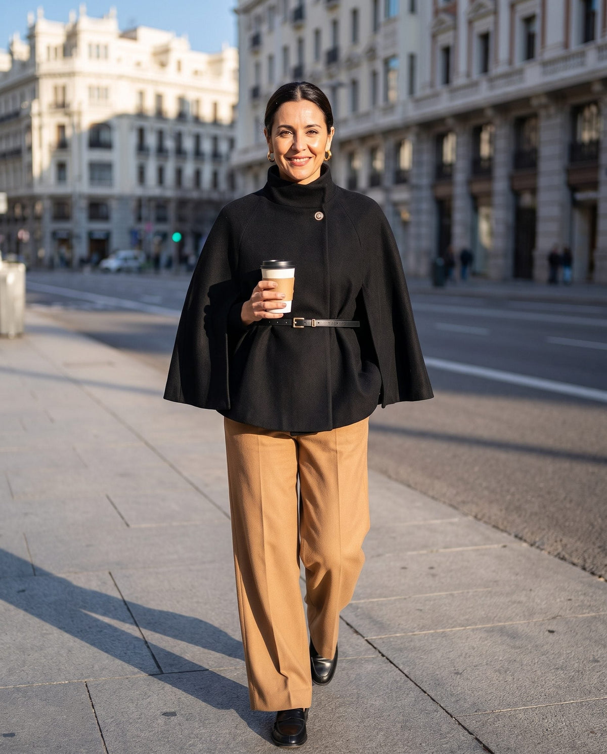 ELARA belted cape in black with camel trousers on a Madrid street