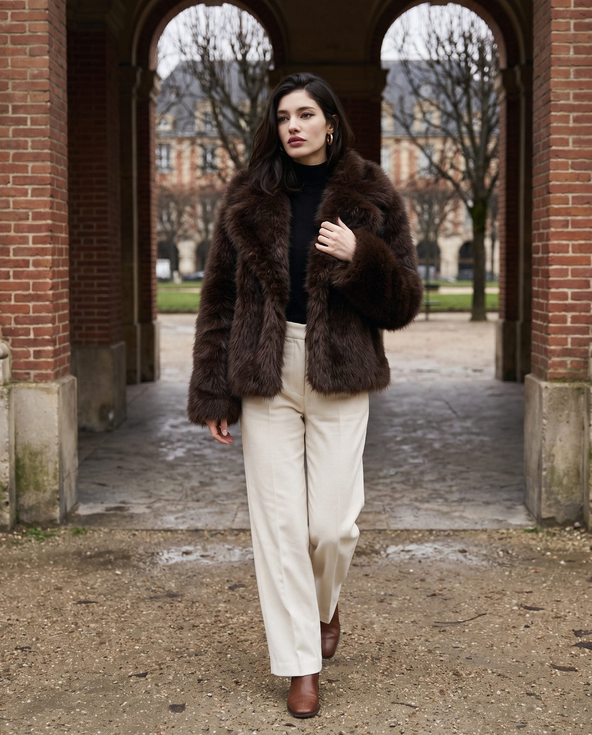 Aveline faux fur jacket in dark brown at the Place des Vosges in Paris