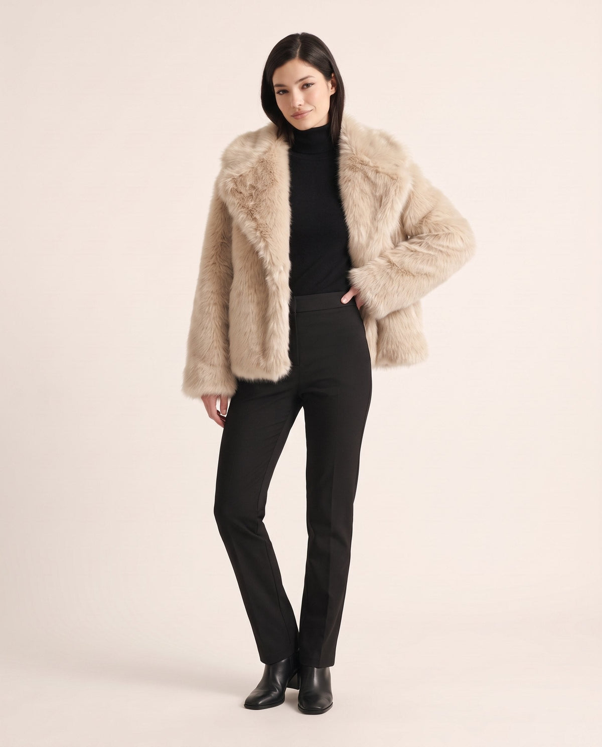 Aveline faux fur jacket in beige, front view