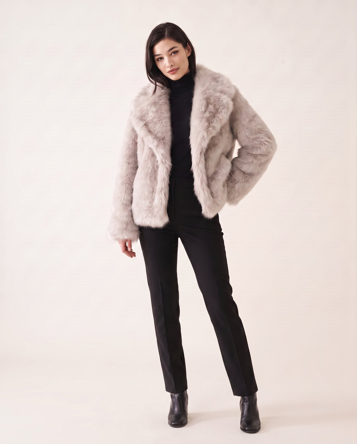 Aveline faux fur jacket in beige grey, front view