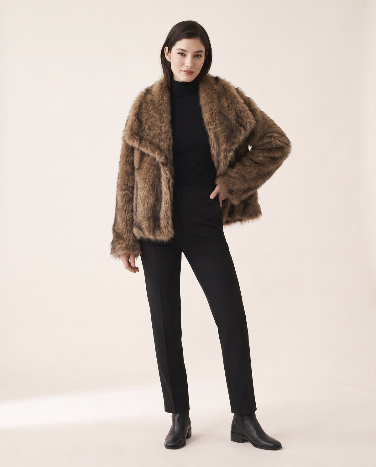 Aveline faux fur jacket in black brown, front view