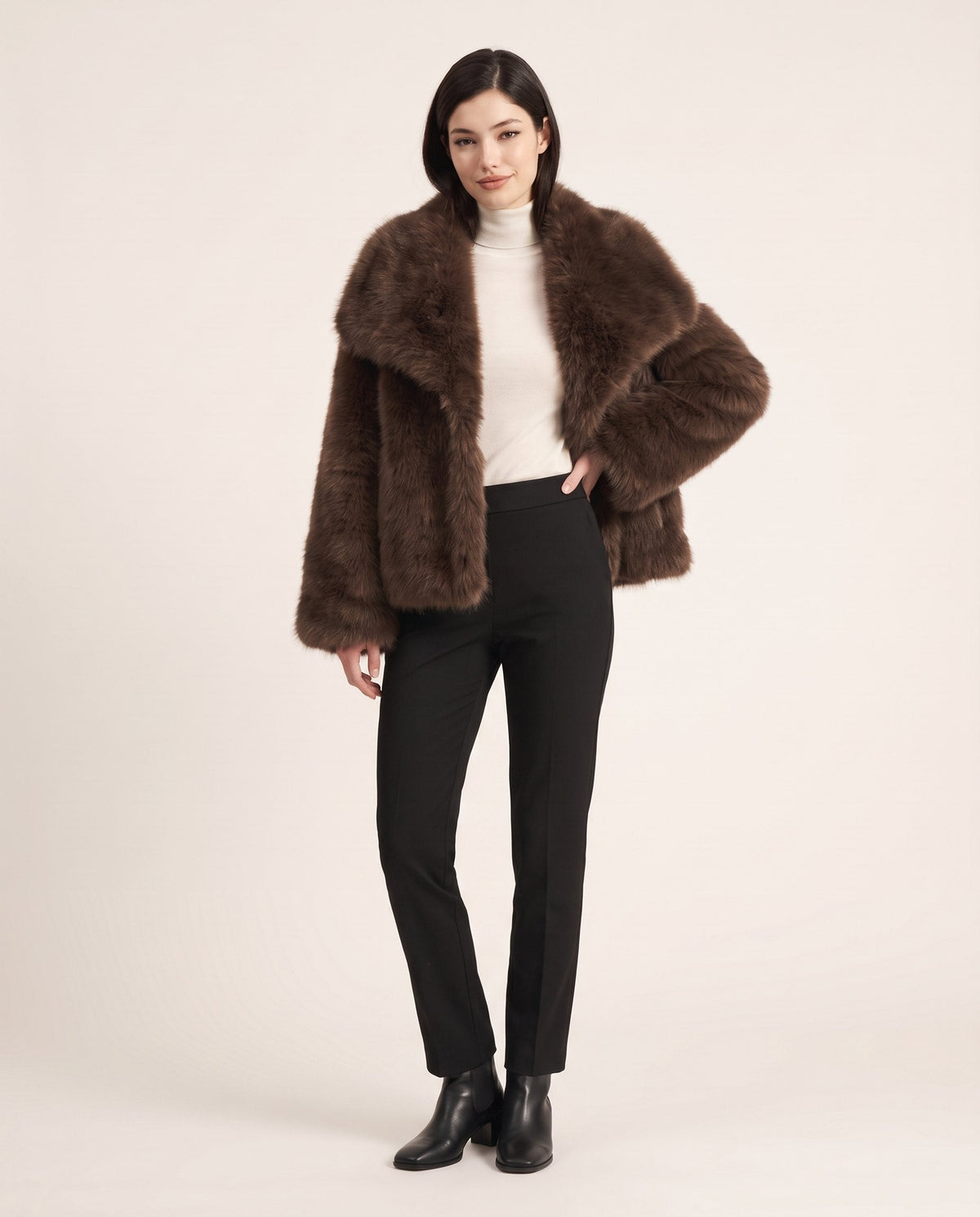 Aveline faux fur jacket in chocolate brown, front view