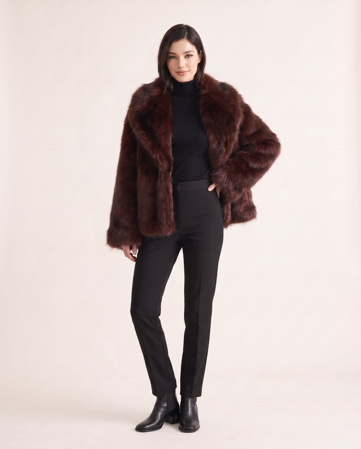 Aveline faux fur jacket in chestnut brown, front view