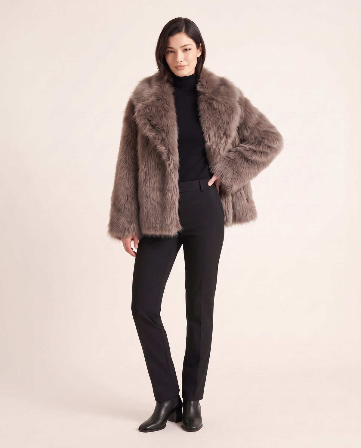 Aveline faux fur jacket in dark brown (mushroom), front view