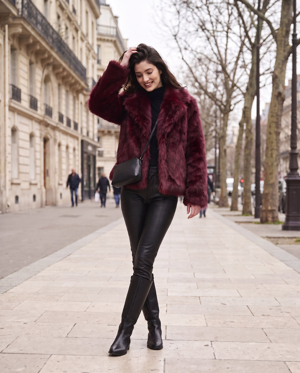 Aveline faux fur jacket in wine red, worn on a Paris street in winter