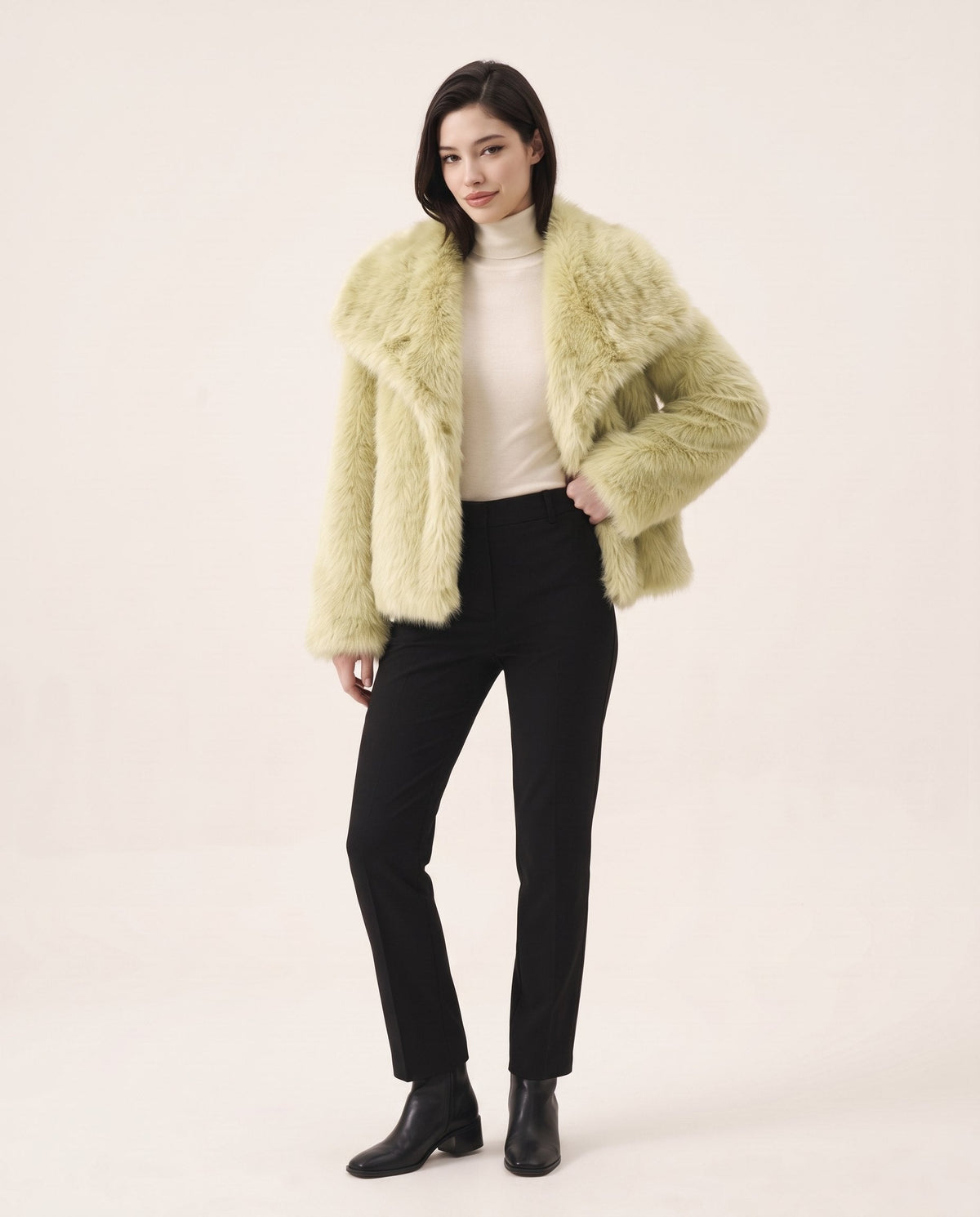 Aveline faux fur jacket in pale yellow, front view