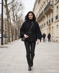 ELARA belted cape in black, front view