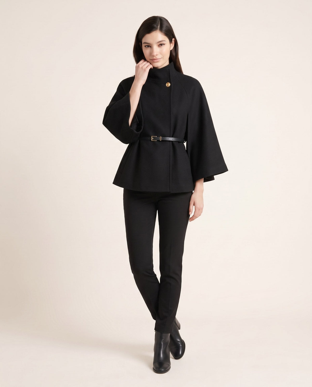 ELARA belted cape in black, front view