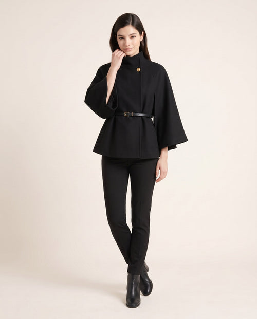 ELARA belted cape in black, front view
