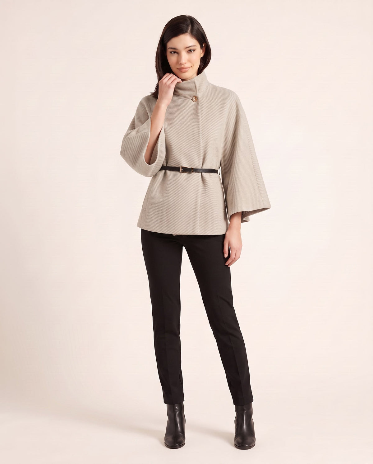 ELARA belted cape in cream, front view