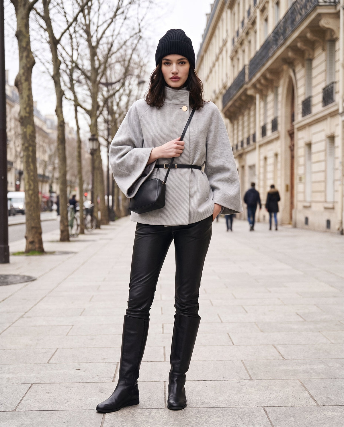ELARA belted cape in grey, front view