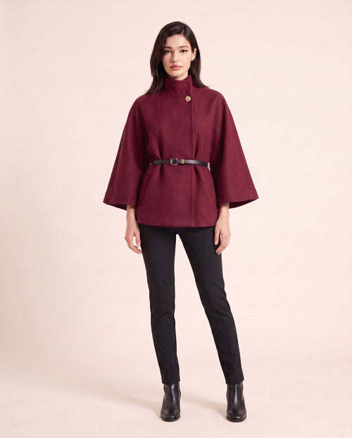 ELARA belted cape in wine red, front view