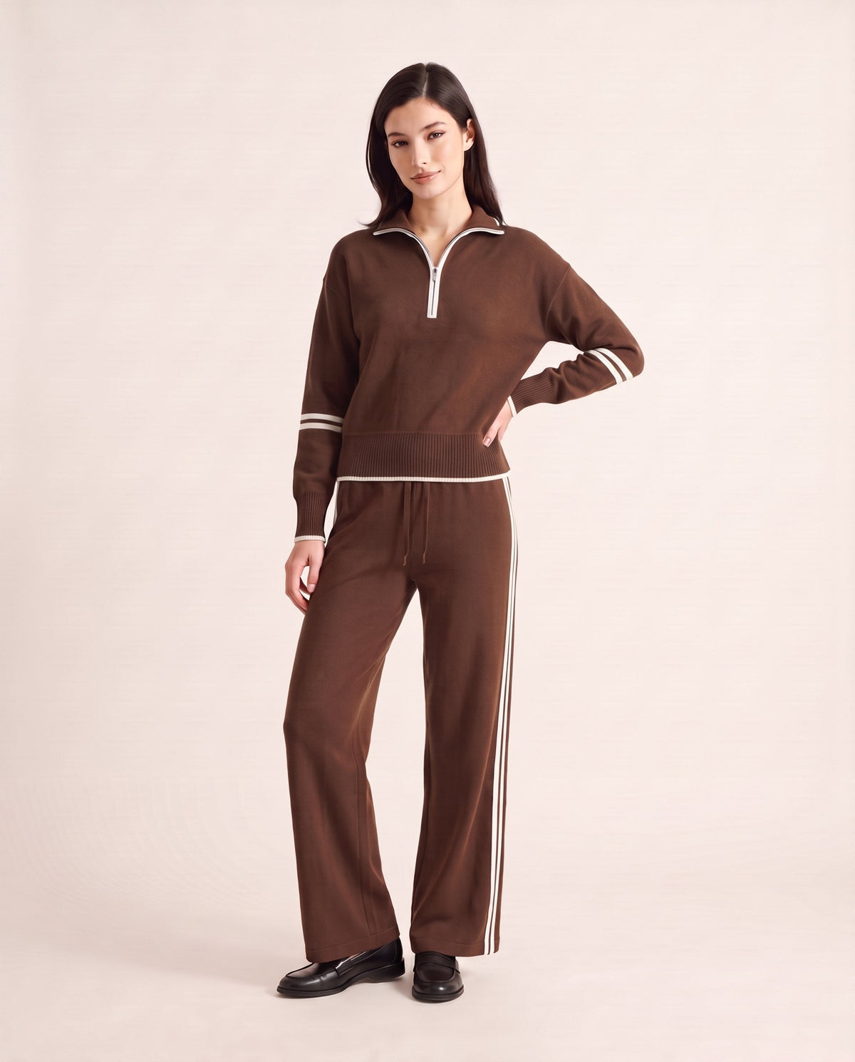 Half-zip knit lounge set in brown with white stripes, front view