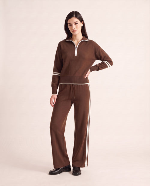 Half-zip knit lounge set in brown with white stripes, front view