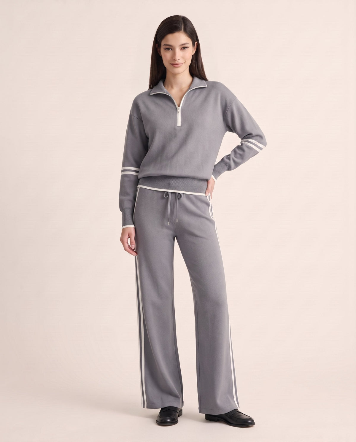 Half-zip knit lounge set in grey with white stripes, front view