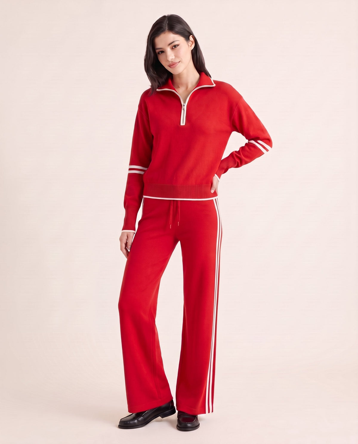 Half-zip knit lounge set in red with white stripes, front view