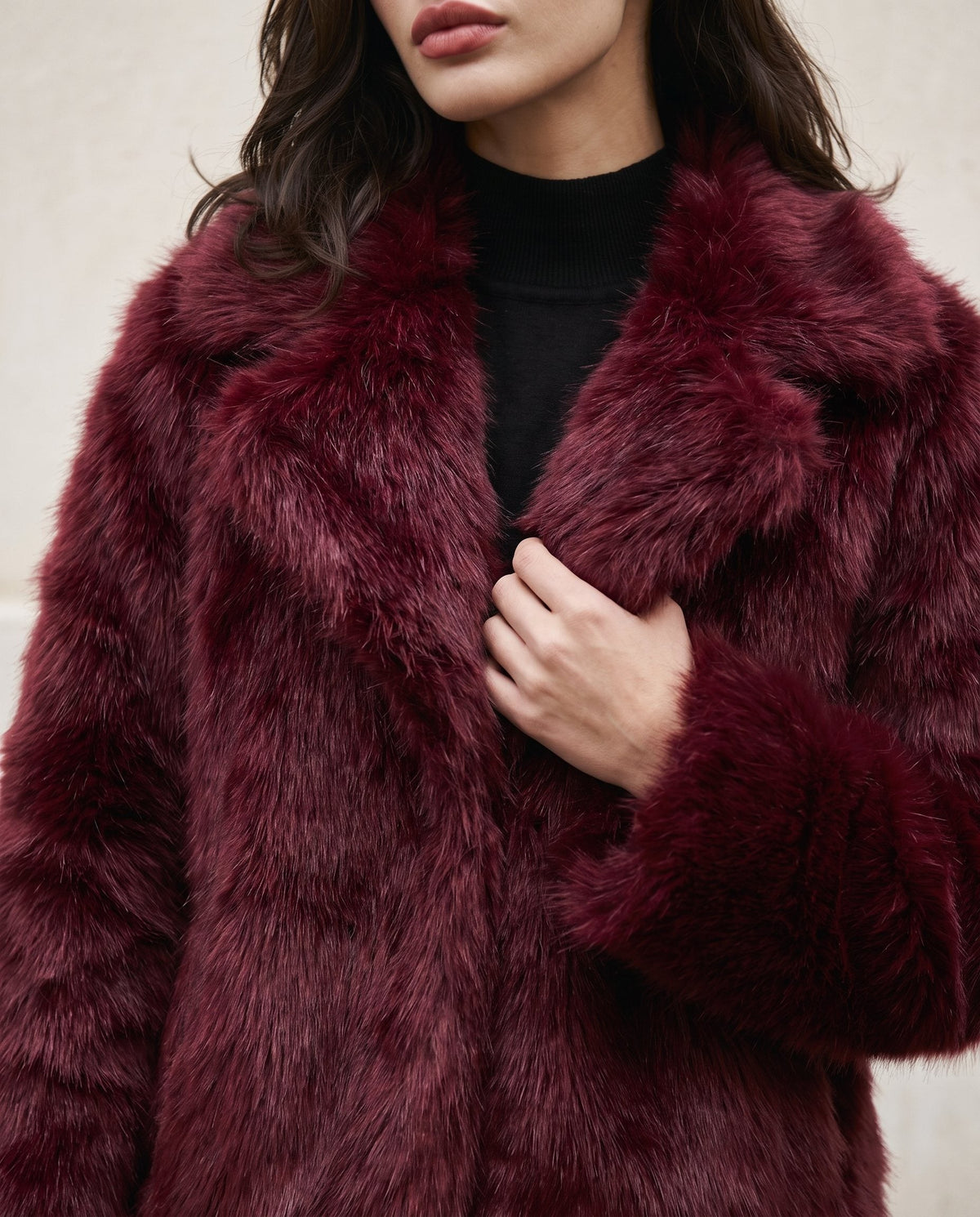 Aveline faux fur jacket in wine red, detail of the shawl collar and long pile